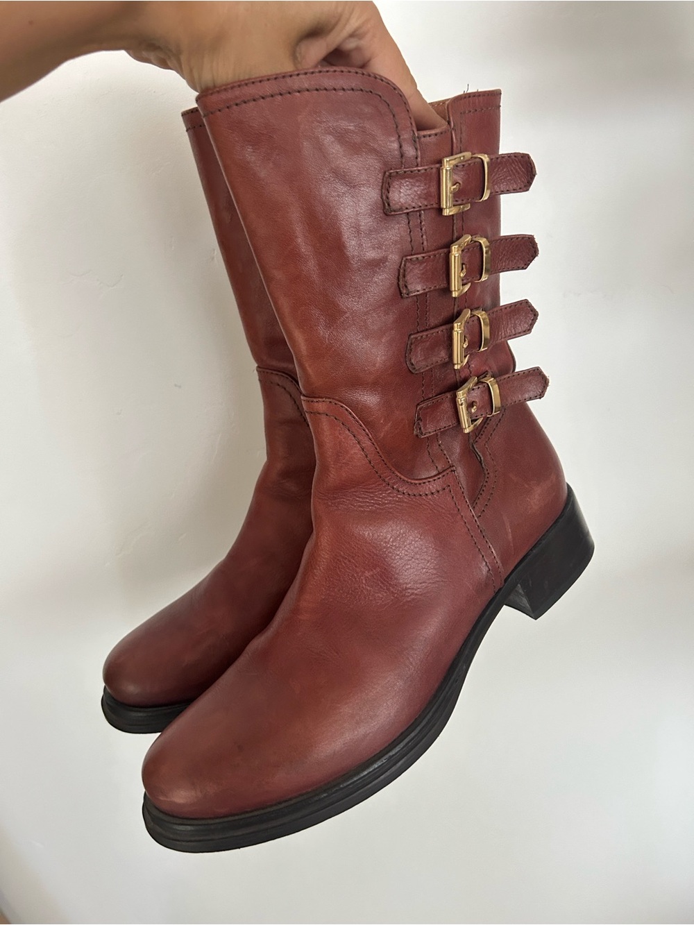 Women’s Chestnut Leather Mid-Calf Lace Up Boots with Buckle Detail